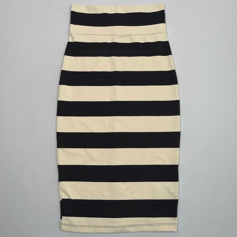 Bebe Stripe Pencil Skirt Womens XS Black Cream High Waist Midi Bodycon Made USA